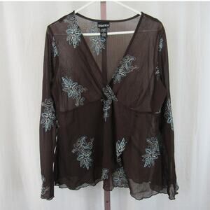 Baranda Large Chocolate Brown Semi Sheer Crossover Blouse Blue Floral Embroidery